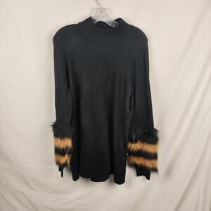 Alfani Sweater Tunic Womens Large Black Faux Fur Stripe Mock Neck Ugly Halloween